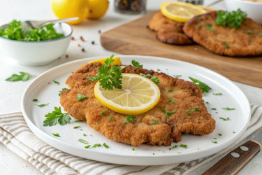 Хрустящая куриная котлета, украшенная лимоном и травами. Генеративный ИИ - RomanZ