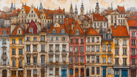 Pattern of Clustered Old Narrow European Houses with High Tiled Roofs – Cozy Architectural Repeat for Fabric or Wallpaper - Kulkann75