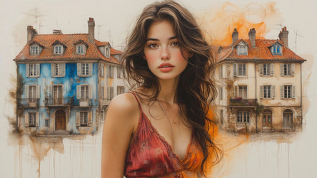 Romantic Girl in Front of Old Fairytale European Houses – Dreamy Nostalgic Portrait for Travel Poster or Storybook Cover - Kulkann75