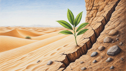 Green Sprout Growing from Crack in Dry Desert Soil – Symbol of Hope, Climate Resilience or New Beginning Concept - Kulkann75