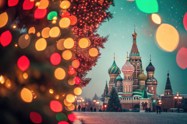 Праздничная зимняя иллюминация возле собора Василия Блаженного в Москве. Генеративный ИИ - RomanZ