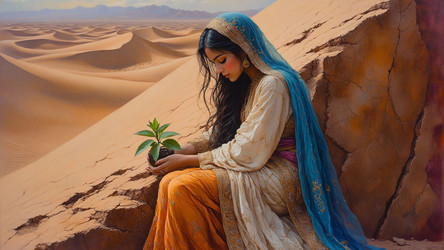 Arab Woman Holding Green Seedling in Cracked Dry Desert Ground – Hope, Reforestation or Climate Action Concept for Editorial & Poster - Kulkann75