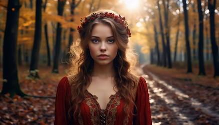 Осенний романтический косплей-портрет девушки в лесу, фэнтезийный женский образ для костюма, ярмарки эпохи Возрождения или концепции сезонного персонажа - Kulkann75