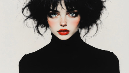 Drawing of Young Vampi Style Woman with Bleached White Face and Black Red Lips – Dark Beauty Art for Gothic Poster or Cover - Kulkann75