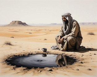 Bedouin in White Robe by Black Oil Puddle Before Discovery – Symbol of Future Wealth, Resource Conflict and National Prosperity - Kulkann75