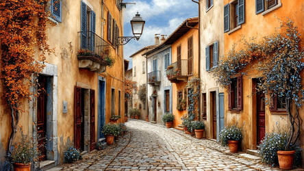 Summer Art Drawing of Old Europe Narrow Cozy Street – Warm Nostalgic Landscape for Travel Poster or Wall Decor Print - Kulkann75