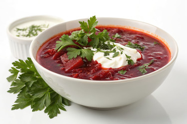 Вкуснейшая тарелка борща со сметаной и свежей петрушкой, поданная в уютной обстановке. Генеративный искусственный интеллект - RomanZ
