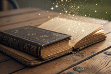 Открытая книга, излучающая волшебные искры на деревянном столе (генеративный ИИ) - RomanZ