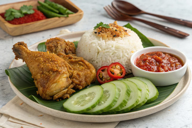 Насладитесь ароматным блюдом Ayam Penyet с рисом, свежими огурцами и острым соусом самбал, поданным в восхитительной обстановке. Генеративный искусственный интеллект - RomanZ