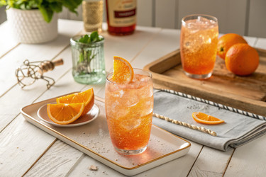 Освежающий напиток с дольками цитрусовых на солнечном столике. Генеративный ИИ - RomanZ