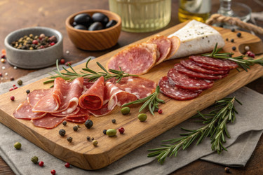 Нарезанные вяленые мясные деликатесы и оливки на деревянной сервировочной доске. Генеративный искусственный интеллект - RomanZ