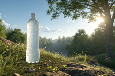 Прозрачная бутылка с водой, лежащая на траве в безмятежном лесу. Генеративный ИИ - RomanZ