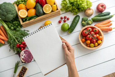 Свежие продукты и чистый блокнот для планирования здорового питания. Генеративный ИИ - RomanZ