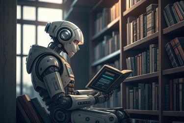 Робот читает книгу в уютной обстановке библиотеки (генеративный ИИ) - RomanZ