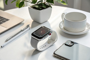 Стильные умные часы на белом столе рядом с ноутбуком, чашкой и смартфоном в светлом рабочем пространстве. Генеративный ИИ - RomanZ