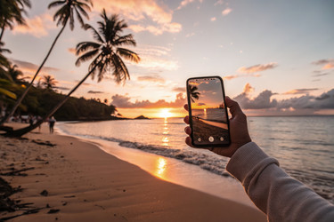 Фотографирование заката на тропическом пляже с помощью смартфона (генеративный ИИ) - RomanZ