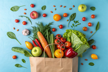 Свежие овощи и фрукты в продуктовом пакете на синем фоне. Генеративный ИИ - RomanZ