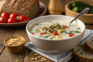 Вкусный суп, подаваемый со свежим хлебом и овощами. Генеративный искусственный интеллект - RomanZ