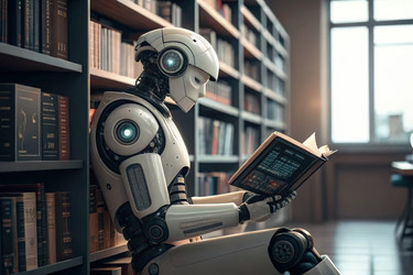 Робот, увлеченно читающий книгу в библиотеке. Генеративный искусственный интеллект - RomanZ
