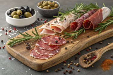 Закусочная доска с разнообразными мясными деликатесами и оливками на деревянном блюде. Генеративный ИИ - RomanZ
