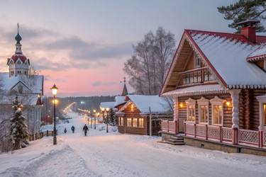 Снежная вечерняя прогулка по сказочному русскому городку на закате. Генеративный ИИ - RomanZ
