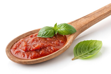 Вкусный томатный соус со свежим базиликом на деревянной ложке. Генеративный искусственный интеллект - RomanZ