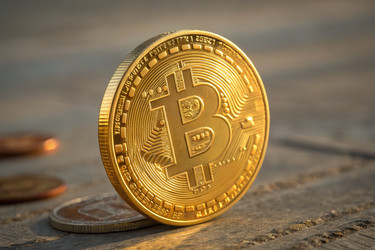 Биткоин лежит на деревянной поверхности, рядом находятся другие монеты (генеративный ИИ) - RomanZ