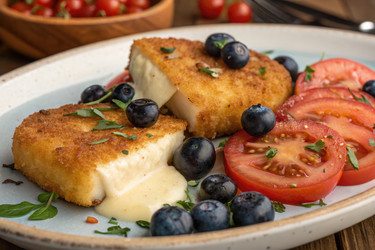 Вкусное хрустящее сырное блюдо со свежими помидорами и ягодами. Генеративный ИИ - RomanZ