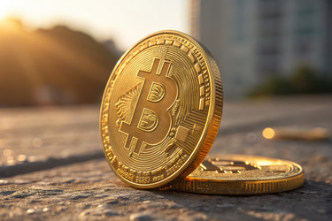 Золотые биткоины на тротуаре во время заката. Генеративный ИИ - RomanZ