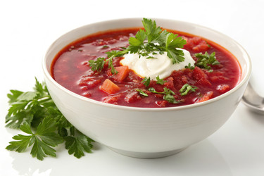 Вкусный борщ, подаваемый в миске со сметаной и свежей петрушкой. Генеративный искусственный интеллект - RomanZ