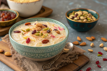 Вкусная миска кхира, посыпанная орехами и сухофруктами. Генеративный ИИ - RomanZ