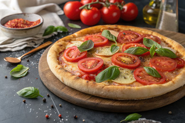 Вкусная пицца со свежими помидорами и базиликом, подается на деревянном подносе, а ингредиенты видны на заднем плане. Генеративный ИИ - RomanZ