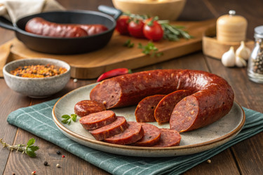Вкусный традиционный афьонский кангаль суджук, подаваемый со свежими помидорами и зеленью на деревянном столе. Генеративный искусственный интеллект - RomanZ