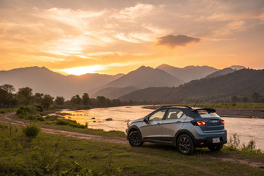 Автомобиль Tata Nexon припаркован у реки на фоне гор во время заката. Генеративный ИИ - RomanZ