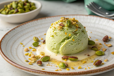 Вкусное фисташковое мороженое, поданное на элегантной тарелке. Генеративный искусственный интеллект - RomanZ