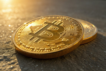 Биткоин-монеты, лежащие на текстурированной поверхности под солнечным светом (генеративный ИИ) - RomanZ