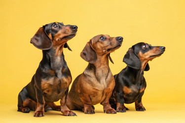 Три игривые таксы позируют на ярко-желтом фоне. Генеративный ИИ - RomanZ