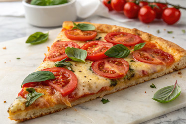Наслаждаясь вкуснейшим кусочком пиццы со свежими помидорами и базиликом на светлой кухонной столешнице (генеративный ИИ) - RomanZ
