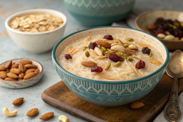 Вкусная миска овсянки с орехами и сухофруктами. Генеративный ИИ - RomanZ
