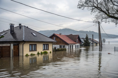 Дома, затопленные паводковыми водами во время недавних сильных дождей. Генеративный ИИ - RomanZ