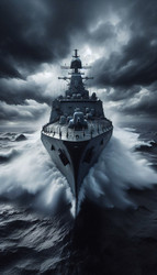 Эффектный, кинематографичный кадр большого военного корабля с орудиями и радаром, рассекающего бурное серое море под зловещим, штормовым небом. Изображение, созданное искусственным интеллектом - yuyu