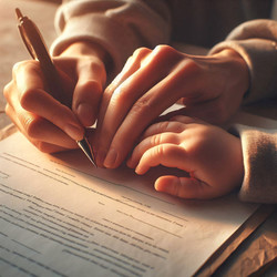 Трогательный, эмоциональный крупный план завершения процесса усыновления: рука родителей подписывает документ, держа руку ребенка другой рукой. Изображение, созданное искусственным интеллектом - yuyu