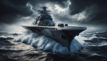 Эффектный, кинематографичный кадр большого военного корабля с орудиями и радаром, рассекающего бурное серое море под зловещим, штормовым небом. Изображение, созданное искусственным интеллектом - yuyu