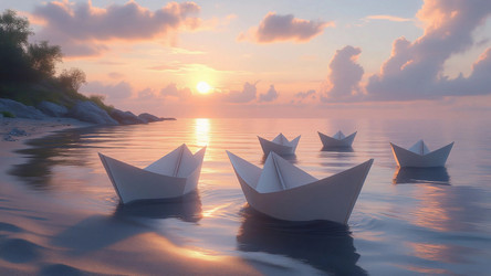 Folded Paper Sailboats on Beach with Ocean Waves – Calm Coastal Still Life for Summer Card, Home Decor or Mindfulness Poster - Kulkann75
