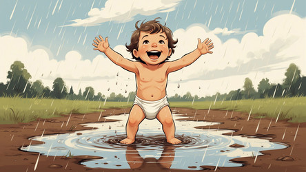 Happy Baby in Diaper Playing in Rain Puddle – Cute Flat Doodle Poster for Kids Room Decor, Parenting Blog or Summer Fun Illustration - Kulkann75