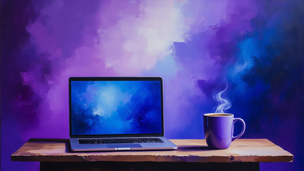 Lilac Watercolor Desk Scene with Laptop and Tea Cup – Cozy Remote Work Illustration for Lifestyle Blog, Home Office Decor or Slow Living Concept - Kulkann75