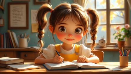 3D Sketch of Happy Little Girl at School Desk, Bright Sunlight – Back to School Cheerful Illustration for Classroom Poster or Stationery - Kulkann75