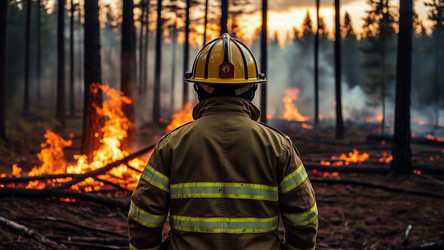 Silhouette of Brave Fireman Watching Blazing Wildfire – Dramatic Nature Disaster Scene for News Article, Safety Ad or Environmental Documentary - Kulkann75