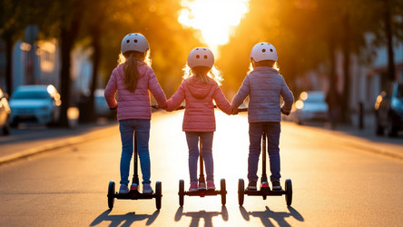 Children on Scooters from Behind Riding in City at Sunset – Active Kids Commuting for Lifestyle Content, Urban Childhood or Summer Evening Scene - Kulkann75