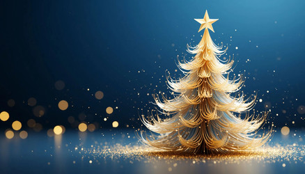 Glowing Golden Christmas Tree on Blue Background with Sparkles – Luxury New Year Decor for Holiday Card, Winter Banner or Party Flyer - Kulkann75